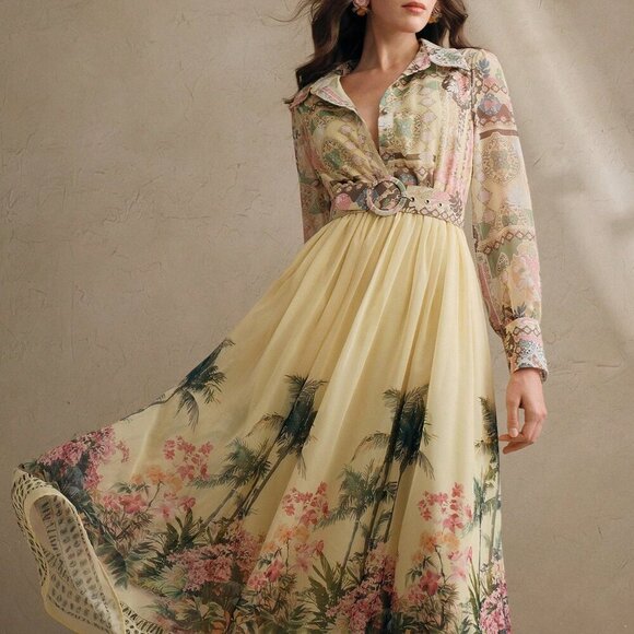 Yellow Boho Women's Floral Print Sleeve Cinched Waist Maxi Dress - Picture 6 of 7